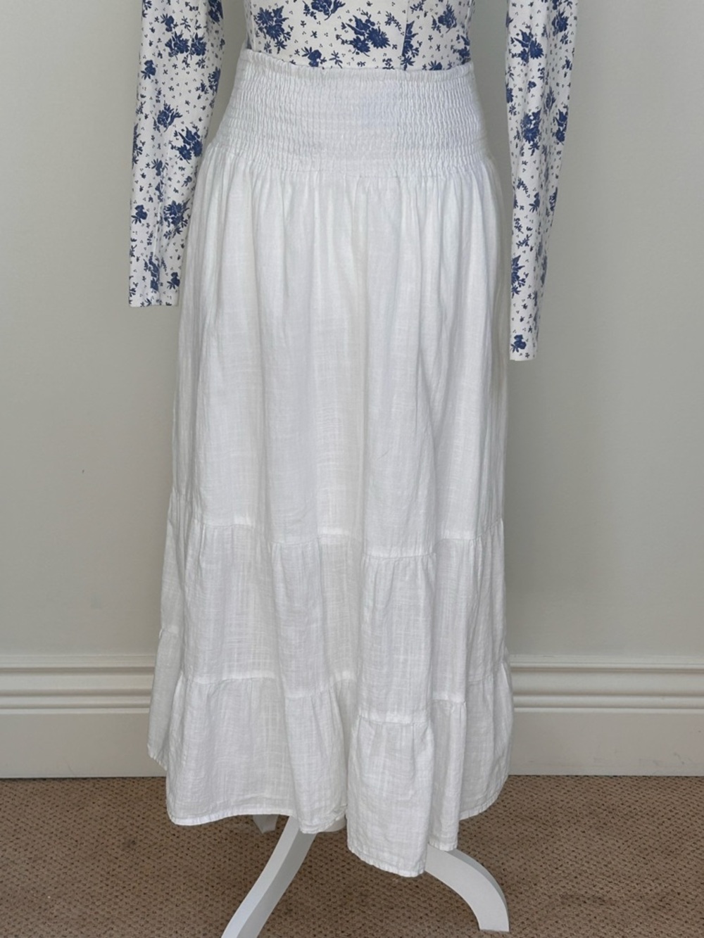 White Smocked Waist Tiered Cotton Midi Skirt S